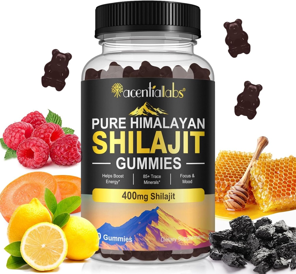 Shilajit Gummies, Pure Himalayan Shilajit Gummies z 100% Shilajit, Shilajit Organic Gummies Rich in Fulvic Acid 85 + Ślad minerałów Nadaje się dla mężczyzn i kobiet, Non-GMO - 60 Gummy