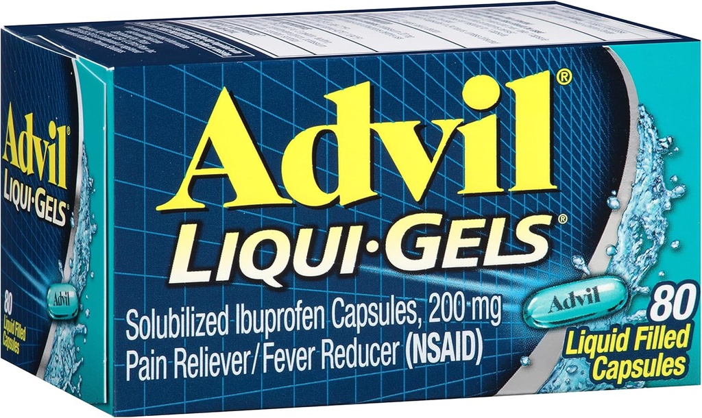 Advil Liqui- żele Ból Reliever i Fever Reducer, Leki przeciwbólowe dla dorosłych z Ibuprofen 200mg w leczeniu bólu głowy, bólu pleców, bólu menstruacyjnego i bólu stawów Relief - 80 Kapsułki wypełnione płynem