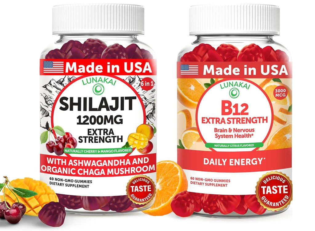 Lunakai USA Made Shilajit & B12 Extra Strength Gummies Bundle – Energy, Focus, and Daily Wellness – Vegan & Delicious