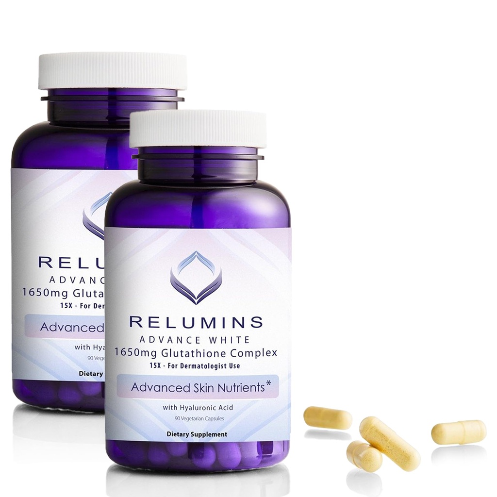 Reluminy 1650mg L- glutation Complex z kwasem hialuronowym, kwasem liponicznym alfa, Rose HIPS, witaminą E & Riboflavin, przeciwutleniaczem, nawodnieniem skóry i wellness, Made in USA - 90 Kapsułki x 2 butelki