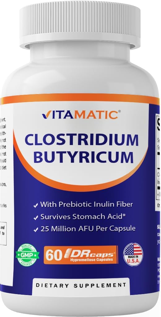 Vitamatic Clostridium butyricum 25 Milion - Gut Health - 60 DR Kapsułki (Opóźnione uwalniane) - Made with Prebiotic Inulina Fiber