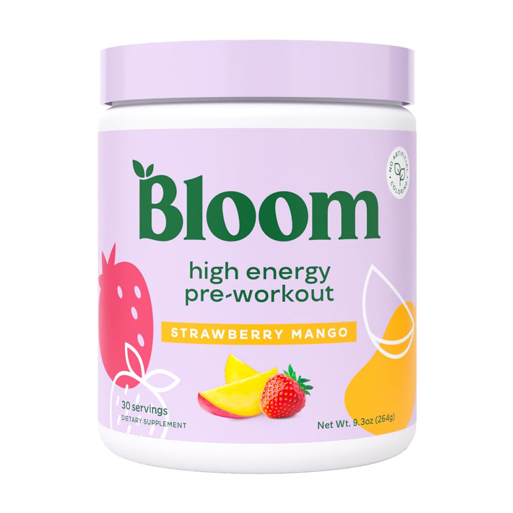 Bloom Nutrition High Energy pre Workout z Beta Alanine, Ginseng i L Tyrosine dla Amino Energy, Naturalny proszek kofeinowy z Green Tea Extract, Keto, Sugar Free Drink Mix, Truskawka Mango