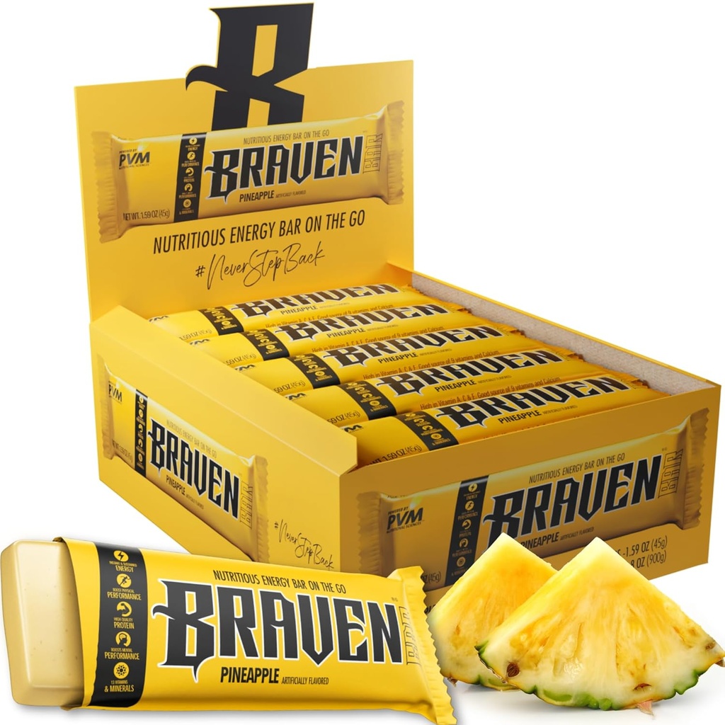 Braven Bar Ananasowe Bary energetyczne (1.59 oz, Pack of 20) - Przeżuwacze energii z 5 g Białko - On- the- Przekąski energii dla biegania, piesze piesze i sportowe - Gluten Free przekąski dla długotrwałego boost energii