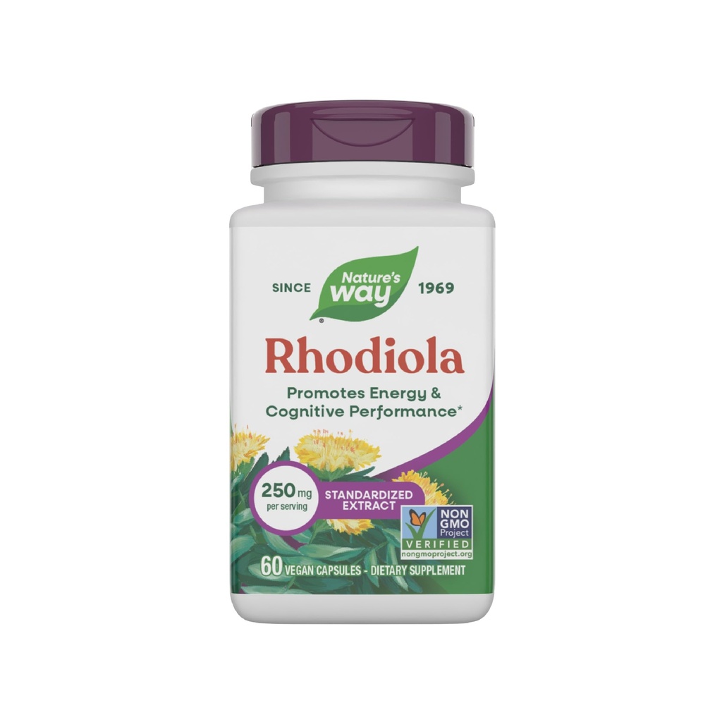 Natural 's Way Rhodiola Premium Extract, 250 mg na porcję, Supports Energy & Cognitive Performance *, Adaptogenetic Herb *, Non-GMO Project Verified, Vegan, Gluten Free, 60 kapsułki (Packaging May Vary)