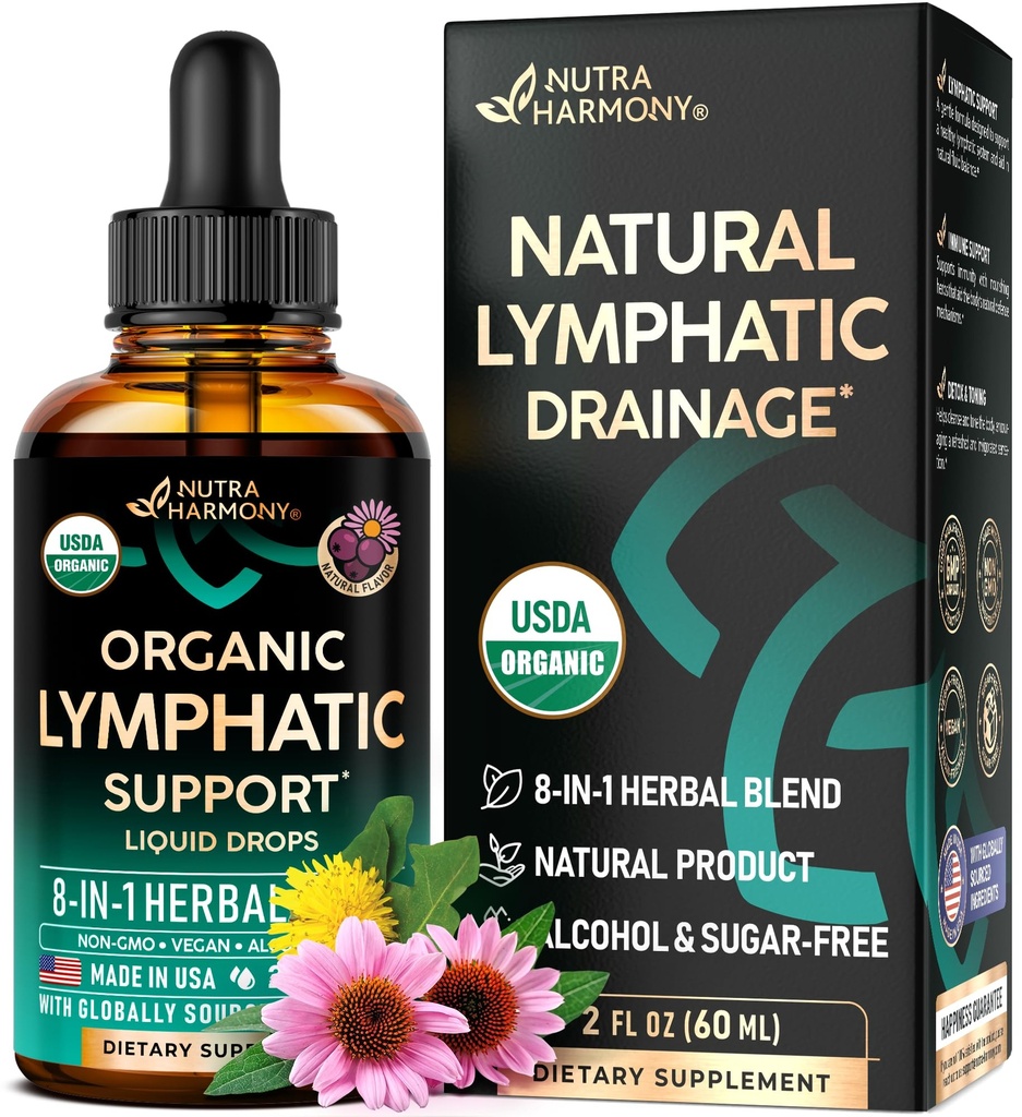 USDA Organic Lymphatic Dreage Supplement - Echinacea Xi124; Elderberry Xi124; Dandelion Xion124; Rosehip Xion124; Cleavers Xion124; Calendula Xion124; Burdock - Made in USA - Lymph System Drops - Immune Support, Cleanse & Detox, 2 fl Oz