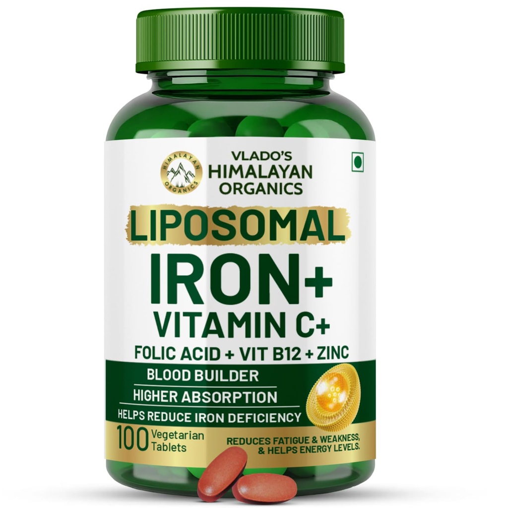 HIMALAYAN ORGANICS Organic Żelazo chelatowane z witaminą C, B12, Cynk & Kwas foliowy 124; Zwiększenie poziomu hemoglobiny 124; Poprawia poziom koncentracji, Energia & Budowanie krwi - 120 tabletek Veg