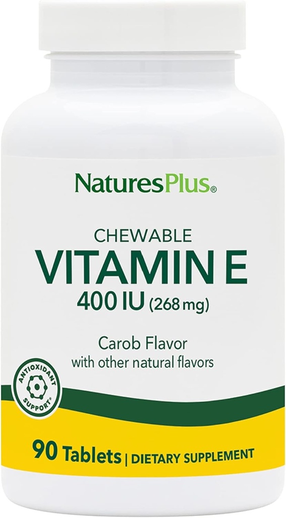 NaturesPlus Witamina E do żucia - 400 iu, 90 Tabletki wegetariańskie - Natural Carob Flavor - Zdrowe funkcje sercowo-naczyniowe, Free- Radykalna Obrona & Ogólna Dobrostan - Gluten- Free - 90 Sługi