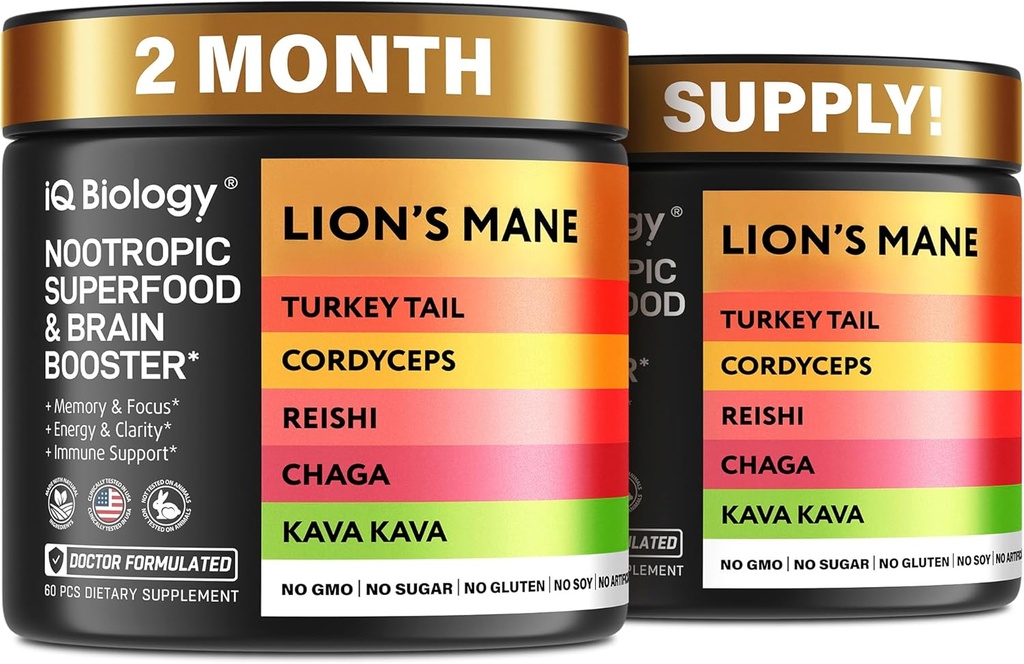 Kava Kava Root Cordyceps Lions Mane Reishi Mushroom Supplement, Nootropowe Mushrooms Capsules Kava Kava Kava Extract, Mushroom Vitamin for Women, Energy Mushrooms, Ashwagandha, Magnezu - 60 Caps (2 Pack)