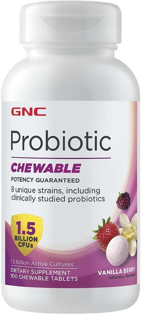 GNC Probiotic Chewable z 1,5 Miliard CFU - Vanilla Berry, 100 Tablets, Codzienne Wsparcie Probiotyczne