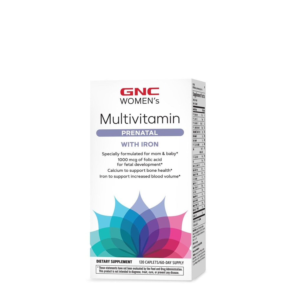 GNC Women 's Prenatal Multivitamin Formuła z żelaza, Wspiera ciążę i zdrowy rozwój dziecka, Podstawowe składniki odżywcze Kwas foliowy, Cynk, Wapnia Plus B Witaminy, 120 Kaplety