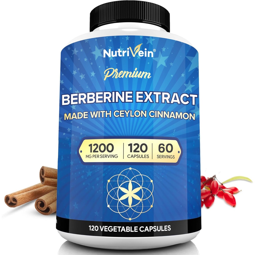 Żywotna żyłka Premium Berberine HCL 1200 mg z Ceylon Cynamon - 120 Kapsułki: Wysokowchłanianie Berberyna Suplement dla Defenses, Trawienie, & Metabolizm