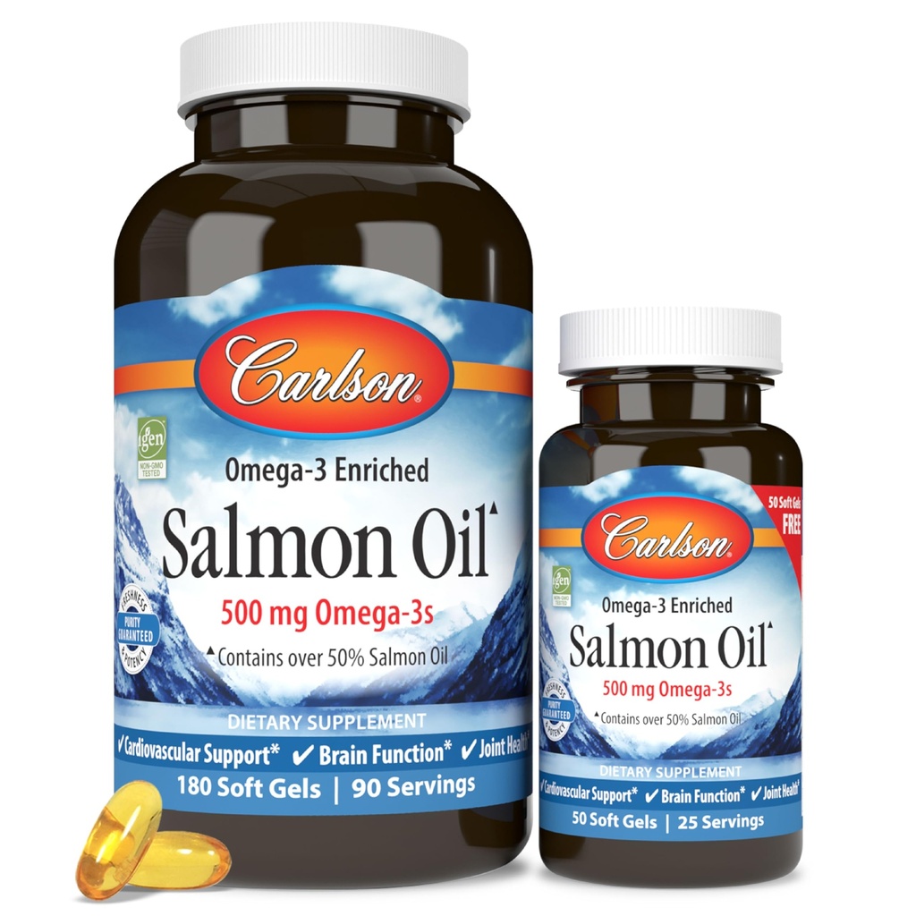 Carlson - Nordic Salmon Oil, 500 mg Omega- 3, Nordic Salmon Oil Supplement, Wild Caught Omega 3 Salmon Oil Capsules, Sustainable Sourced, Brain, Heart & Joint Health, 180 + 50 Softgels