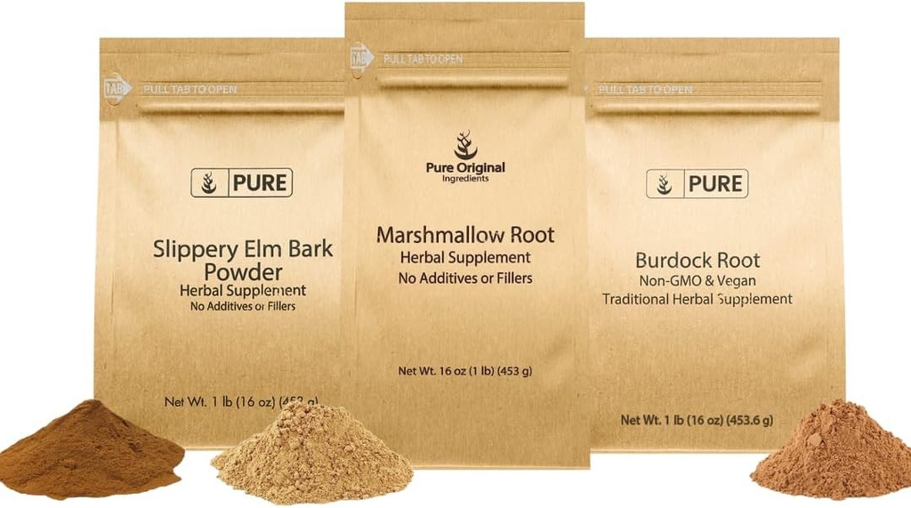 WSTRZYKIWACZE PURE Slippery Elm Bark, Marshmallow Root, Burdock Root Bundle, 1 lb Każdy, Proszek, Ziołowe suplementy