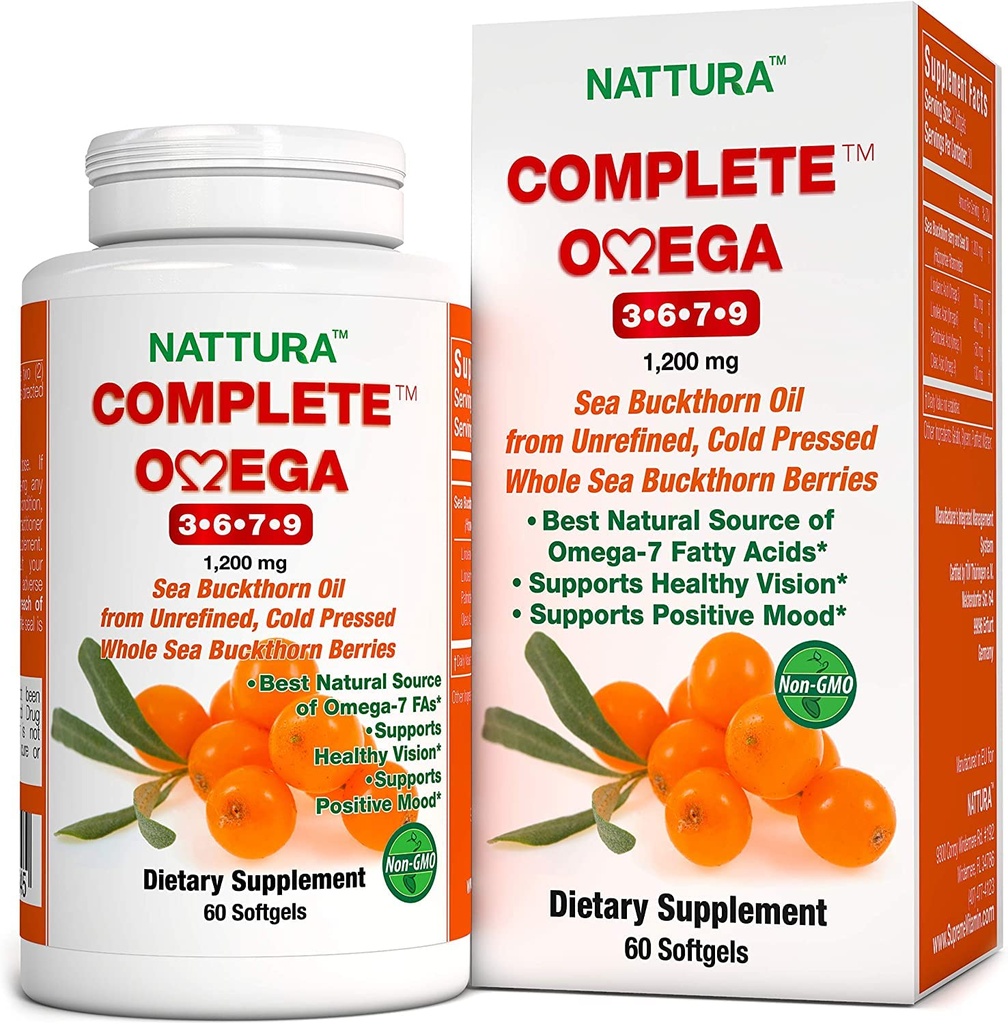 Nattura Complete Omega 3- 6- 7- 9, Czyste Morze Buckthorn Oil, Europejska Jakość, z nierafinowany, zimny Pressed Whole Sea Buckthorn Wild Berries - Non-GMO, Certified Kosher, Gluten- Free 1 Butle - 60 Kapsułki