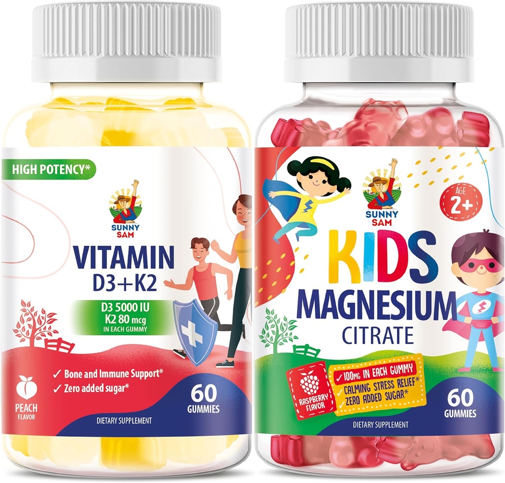 SUNNY SAM Witamina D3 K2 Gummies 5000 j.m. & Magnezu Gummies dla dzieci Cytrate suplement do żucia do nastroju i wsparcia mięśni