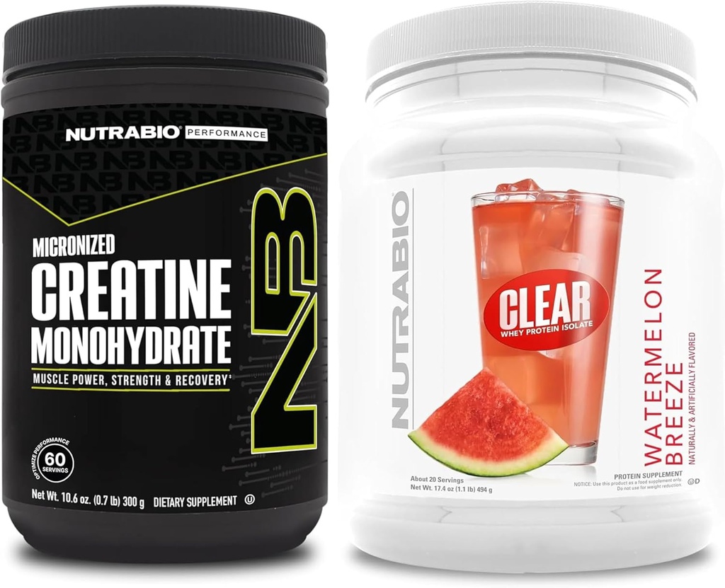 Monowodzian NutraBio Creatine, Nieflaworyt, (300 g) i izolat białka z zielonej serwatki, (Arbuz Breeze) Suplement Bundle - Energia mięśniowa, maksymalny wzrost, odzysk i siła