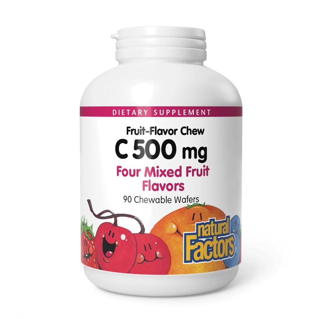 Naturalne czynniki, Dzieci żucia witaminy C 500 mg, Wspiera immunologiczne zdrowie, kości, zębów i kwasów, Mieszane owoce, 90 Wafers
