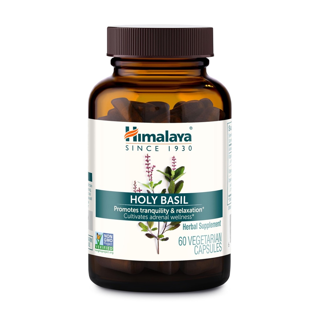 Himalaya Holy Basil - Herbal Adrenal Support for Stress Relief, Relaxation, Energy Support and Ocasional Sleepless - Vegan, Non-GMO, Gluten Free, 720 mg, 60 kapsułki