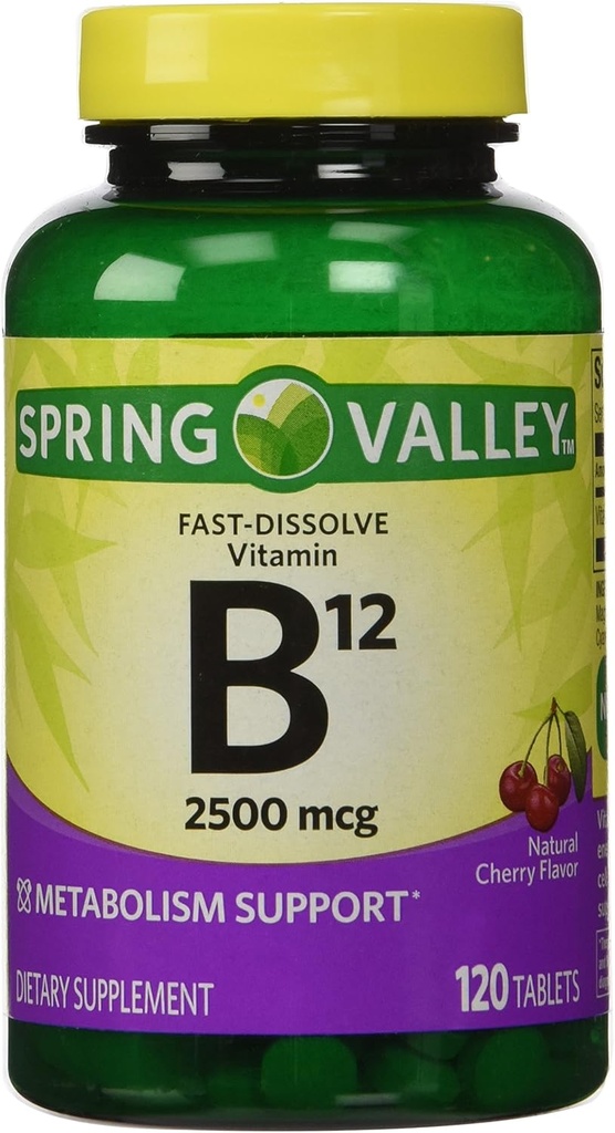 TYLKO 1 W opakowaniu Spring Valley Fast- Rozpuścić witaminę B12 2500 Mcg, Wsparcie metabolizmu, 120 Tabletki smak wiśni