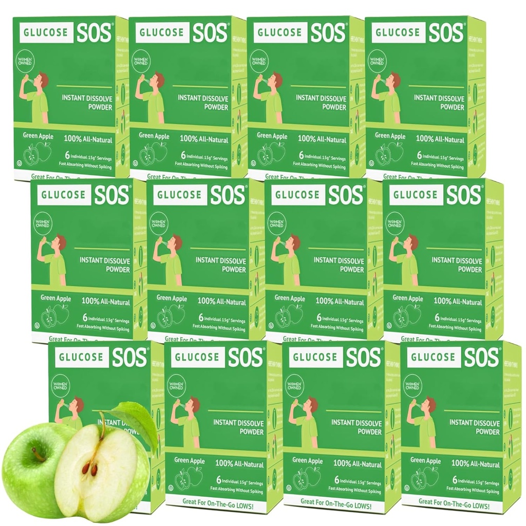 Glukoza SOS Glukoza w proszku Pakiety z naturalną dekstrozą, Szybka Wchłanianie Że natychmiast rozpuszcza się w ustach bez wody potrzebne, zielony Apple 72 Sługi