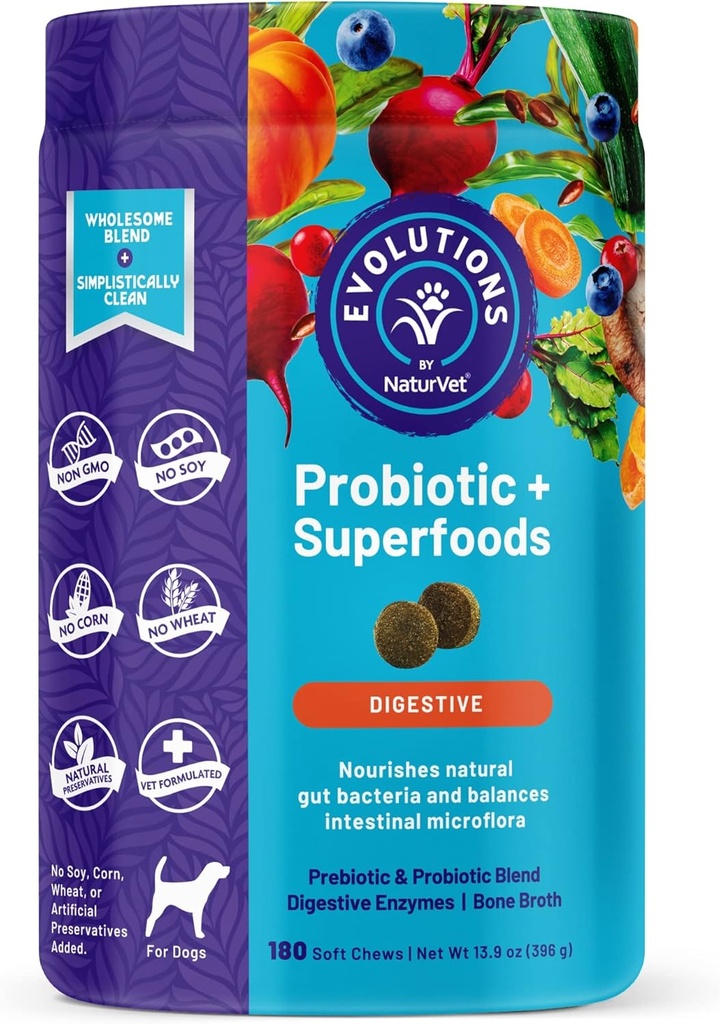 NaturVet Evolutions Probiotic & Superfoods 90ct Soft Chews for Dogs - Mieszanka prebiotyczna i probiotyczna, Enzymy trawienne, Bone Broth, Omega 's - NaurVet