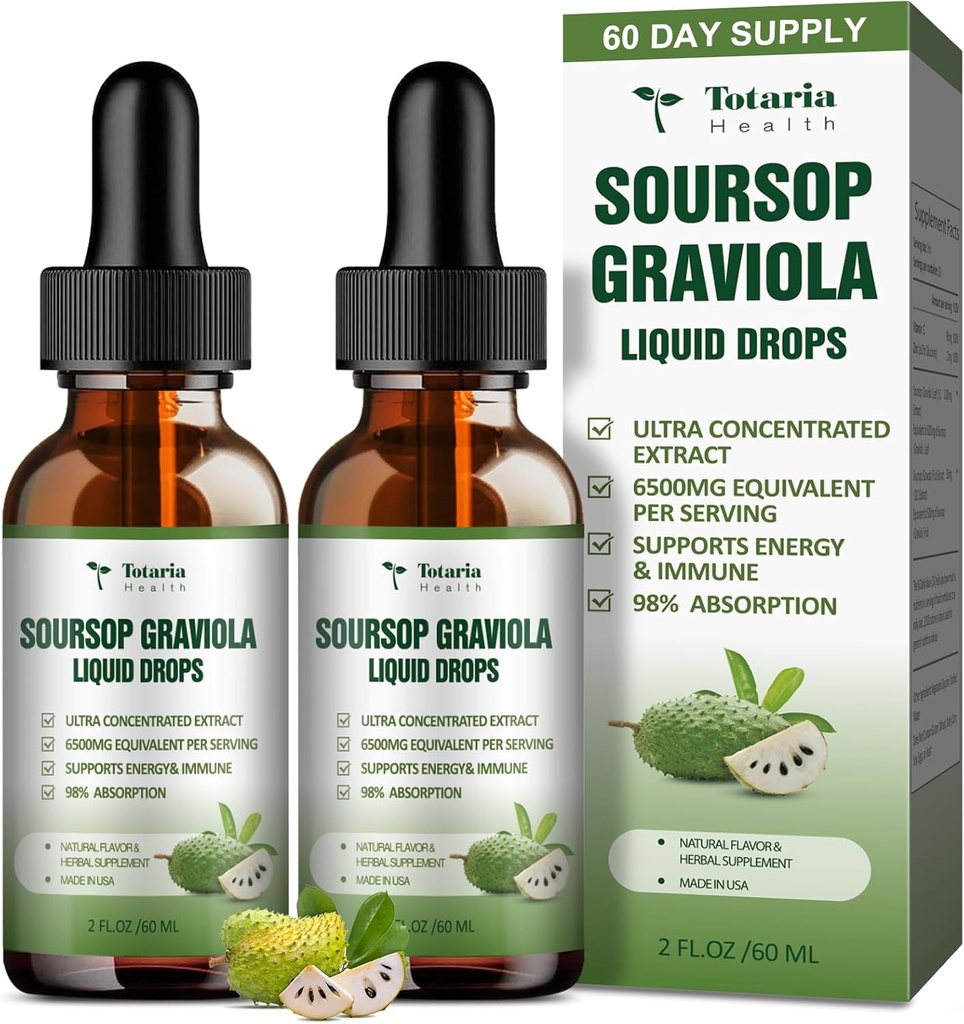 (2 opakowania) Pure Soursop Graviola Liquid Drop Support Digestive Skin Health, Sleep & Antioksydant - Guanabana Oil Organic Leaf Exact Soursop Bitters Liquid Drops, Natural Flavor, Non-GMO, Vegan, 4 Fl Oz