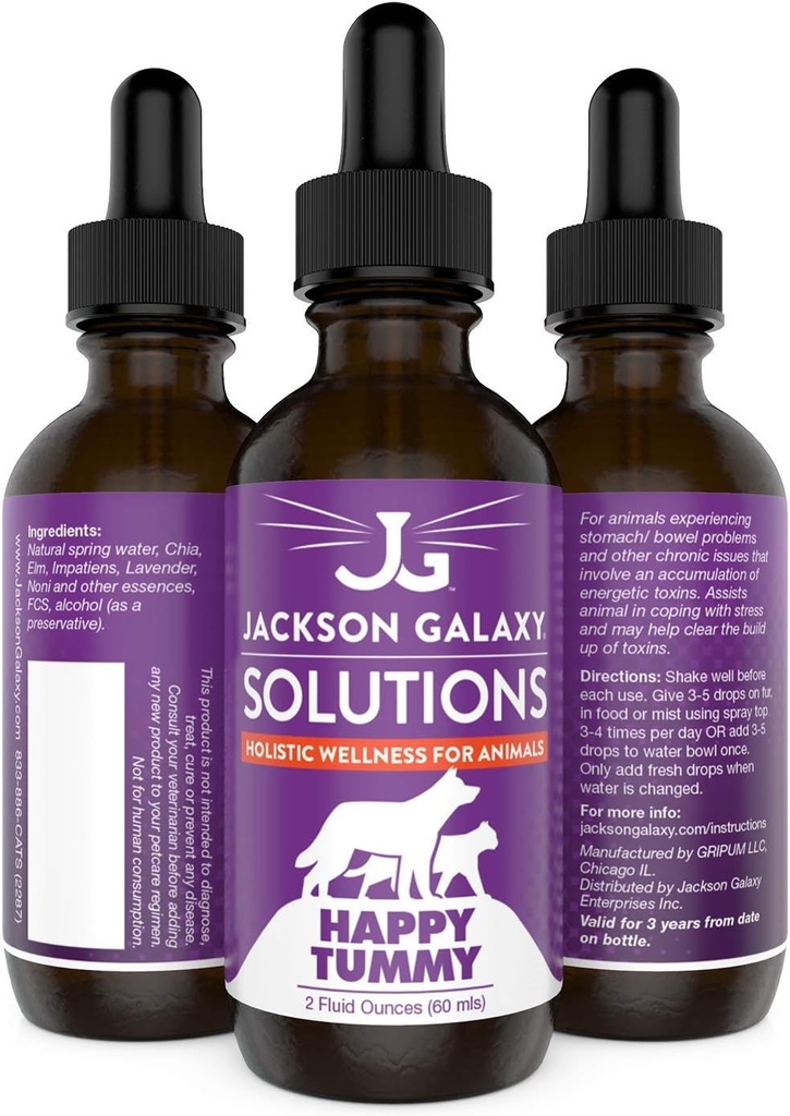 Jackson Galaxy: Happy Tummy (2 oz.) - Pet Solution -Pomoc ze Stres i Toksyny absolutorium - Może pomóc z problemami stomachów (IBD, zaparcia, itp.) - All- Natural Formula - Reiki Energy