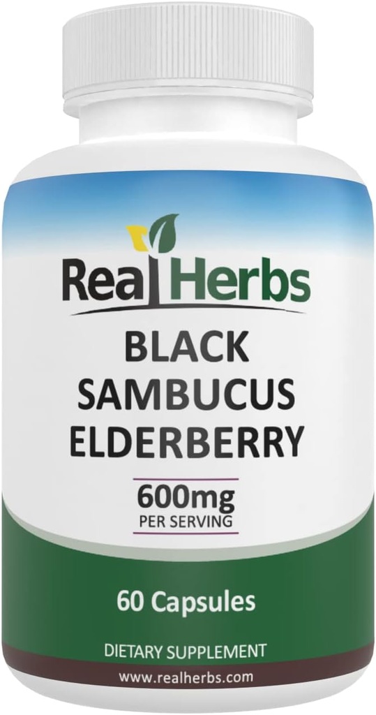 Real Herbs Elderberry Extract - derived from 325mg of Elderberry Standardized to 5% Flavonoids with 275mg of Elderberry Fruit Extract 5: 1 - Wzmacnia odporność - 60 Kapsułki wegetariańskie