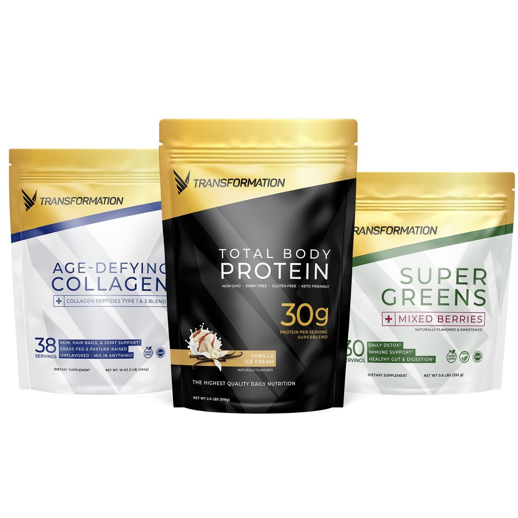 Transformacja Proszek z protein waniliowych 124; 30G Supermieszanka białek wielowarstwowych + Zhydrolizowany kolagen Peptydów Powder- Włosy, Skóra, Nails + Organic Super Zielone Superfood Powder - Immune & Wsparcie energetyczne