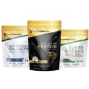 Transformacja Proszek z protein waniliowych 124; 30G Supermieszanka białek wielowarstwowych + Zhydrolizowany kolagen Peptydów Powder- Włosy, Skóra, Nails + Organic Super Zielone Superfood Powder - Immune & Wsparcie energetyczne