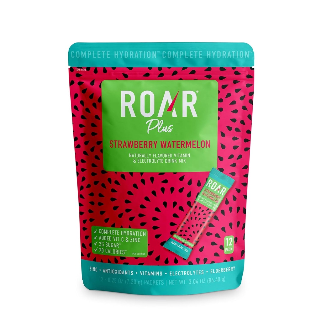 Roar Complete Hydration Powder Plus - Pakiety nawadniające z cynku i Elderberry - Electrolytes Powder No GMO, Gluten Free - Tropical Twist - 12 szt.