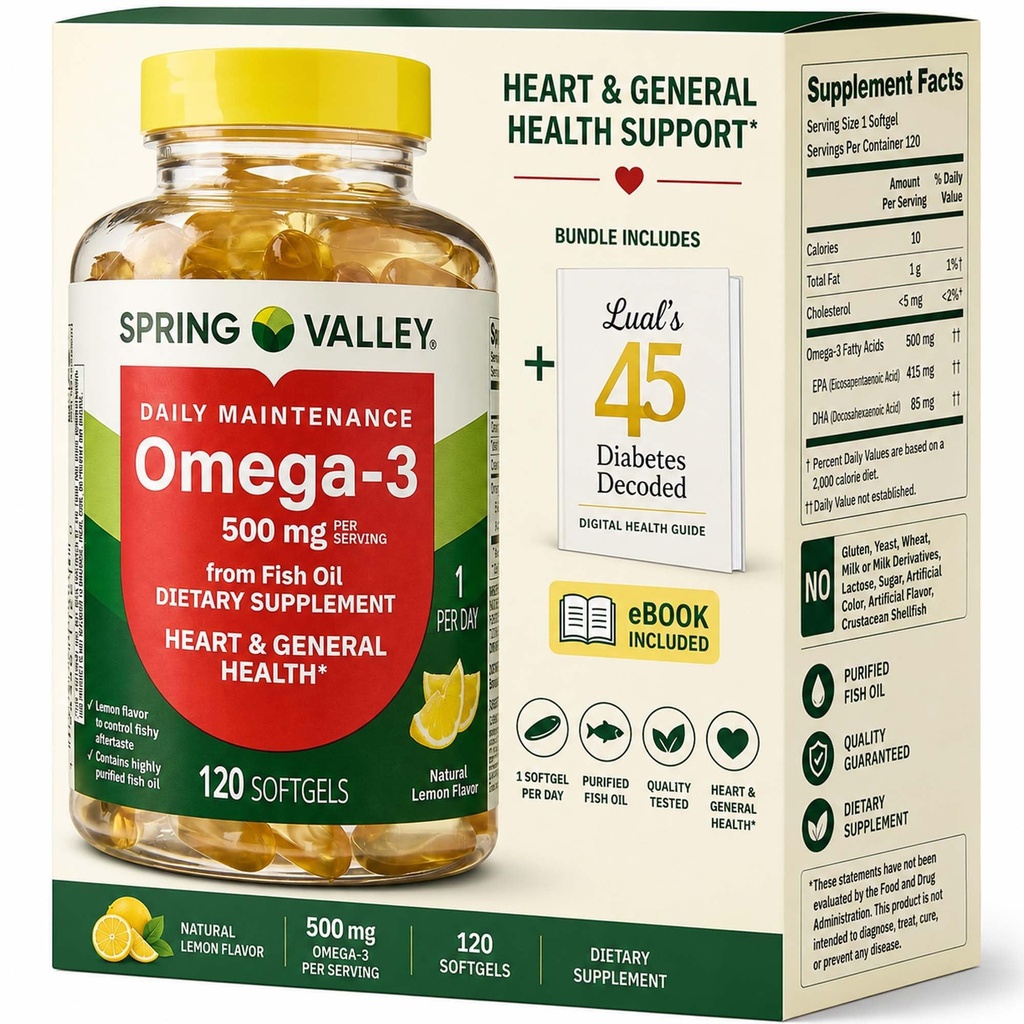 Spring Valley Omega-3 z Fish Oil 500 mg 120 Count, SoftGels, General & Heart Health Dietetic Supplement Bundle z 45 Cukrzyca Luall