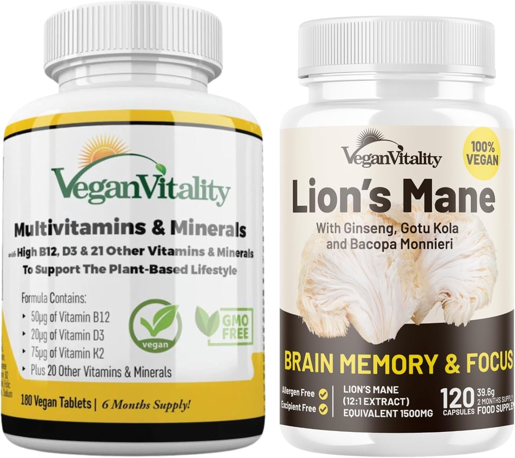 Vegan Vitality Lion 's Mane x General Health Combo Bundle - 6 miesięcy Lwa' s Mane i Multivitamins