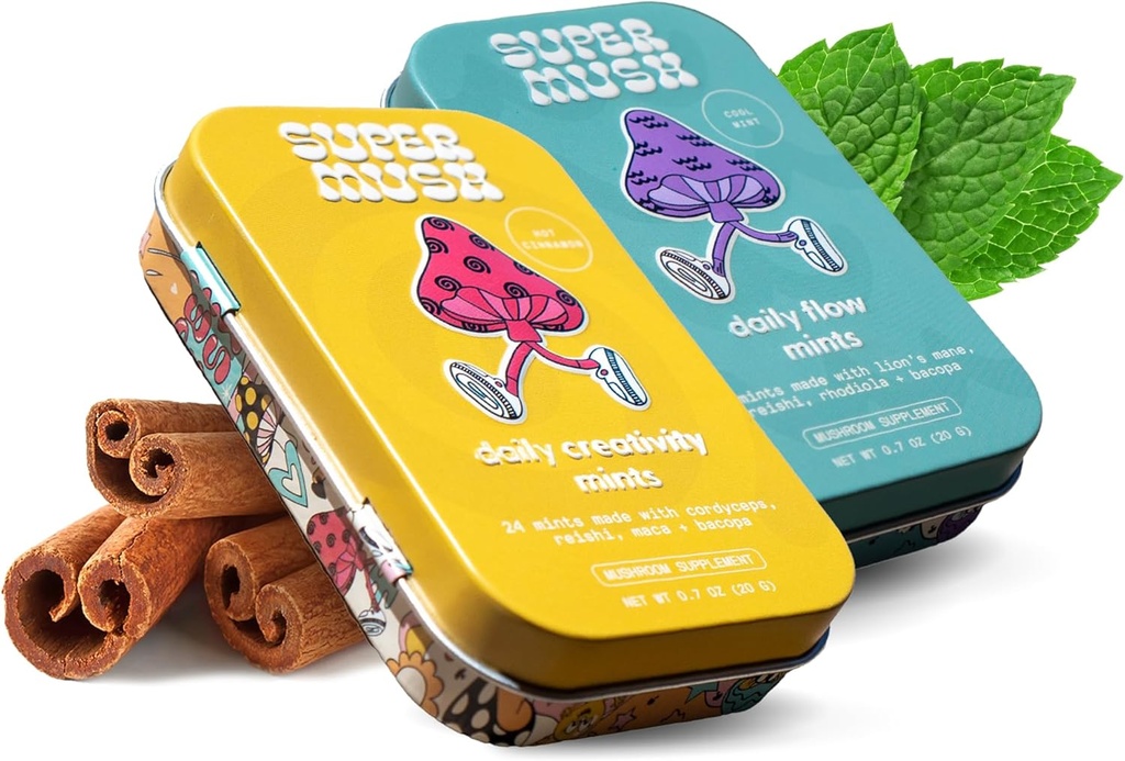 SuperMush Daily Supplement Mint - 2 Minty Flow & Focus + 2 Mięty Kreatywności i Łączności - Mushroom Mint Supplements - Lwy Mane, Cordyceps i Reishi Mieszane Mushrooms