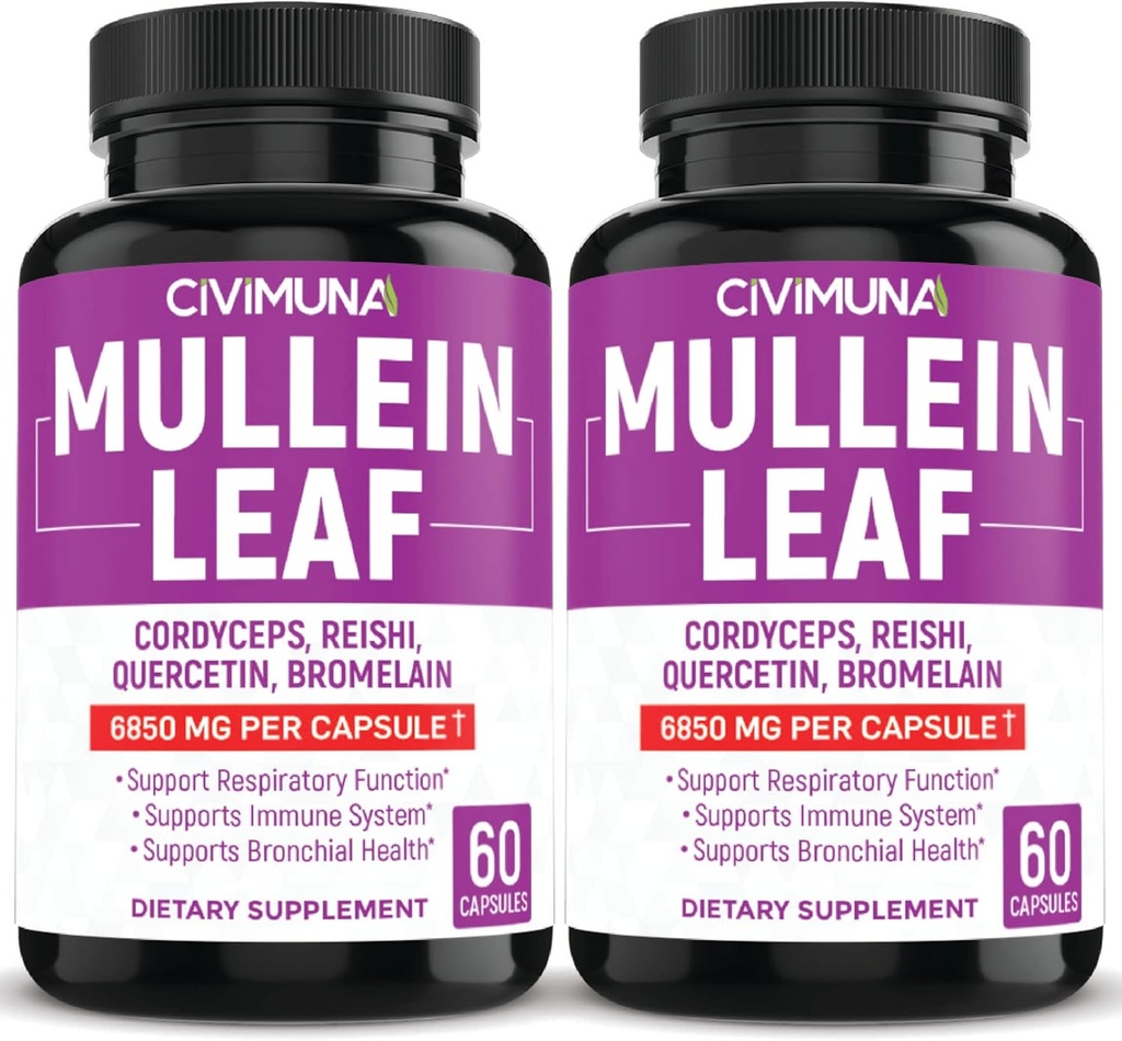 (2 opakowania) Mullein Leaf kapsułki 6850mg - Mullein Leaf, Cordyceps, Reishi - 4 miesiące dostaw