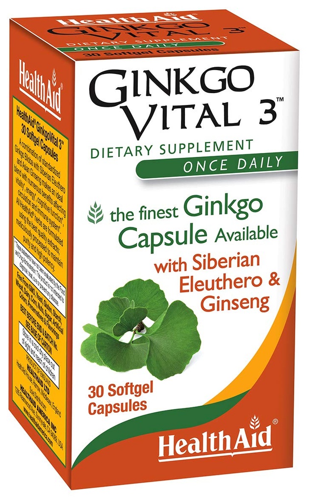 HealthAid Ginkgo Vital 3 - Once- Daily Softgel z Ginkgo Biloba, Syberyjski Eleuthero & Koreański Ginseng Budapeszt 124; Wsparcie mentalnej klaryty & cyrkulacji 124; 30 Softgels