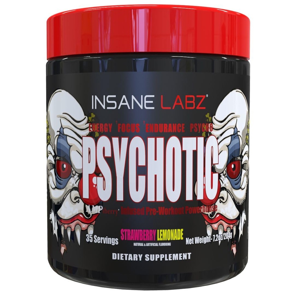 Psychotyczny obłęd Labz, silny stymulant w proszku, ekstremalna energia starzenia, koncentracja i wytrzymałość na działanie beta alaniny, monohydrat kreatynowy, DMAE, 35 Srvgs (lemoniada truskawkowa)