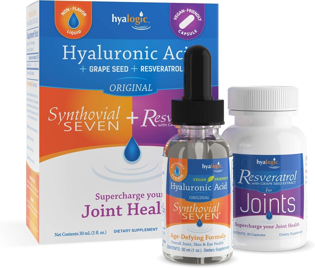 Synthovial hialogic Seven Hyaluronic Acid Liquid & Resveratrol kapsułki - HA Support - Vegan - 1 oz