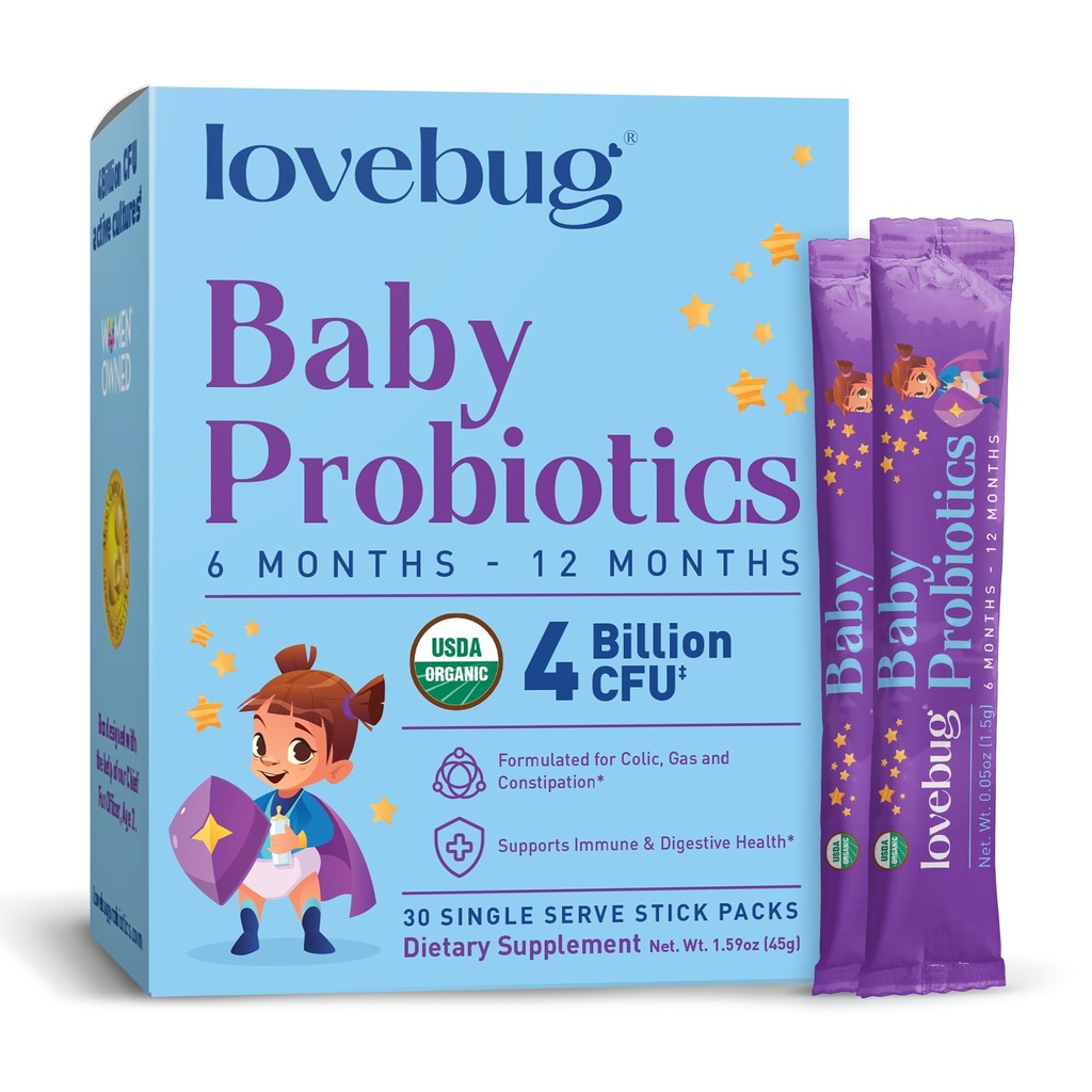 LOVEBUG Probiotyki dla niemowląt - Organiczne Probiotyki dla dzieci 6- 12 Miesiące na wsparcie immunologiczne dla dzieci, Gaz, Kolic, Biegunka i Zaparcia dla niemowląt Relief Sugar- Free, Proszek bez smaku, 30 Opakowanie
