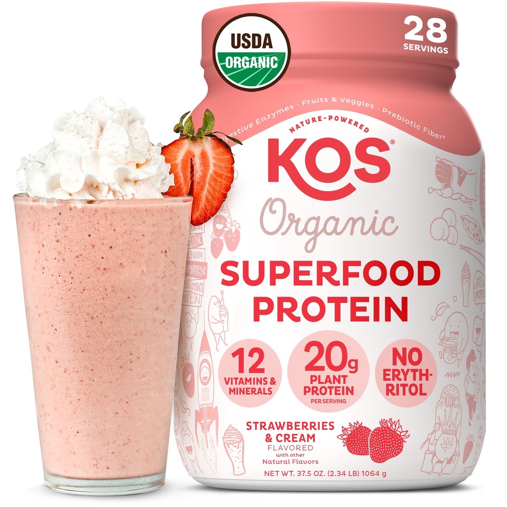 KOS Vegan Protein Powder, Truskawki i śmietanka USDA Organic - Niskie mieszanka białka grochu, Superfood na bazie roślin z witamin i minerałów, Gluten Free - Meal Replacement for Women & Means - 28 Servings