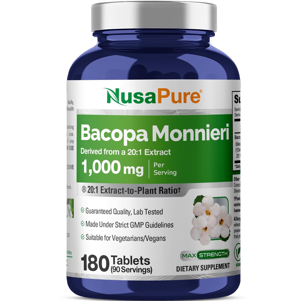 NusaPure Bacopa Leaf Monnieri Extract 20,000 mg 180 Tablets (Extract 20: 1, Non-GMO, Gluten Free)