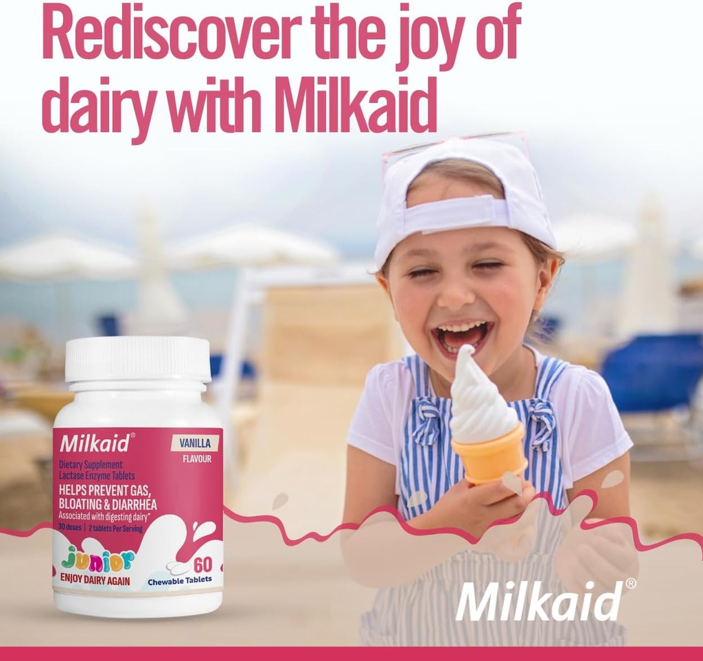 Milkaid Junior Pack Flavor 124; Pomaga zapobiegać gazowi, wzdęcia, Biegunka u dzieci 124; Szybkie działanie suplement diety mlecznej dla dzieci 124; 180 Tabletki