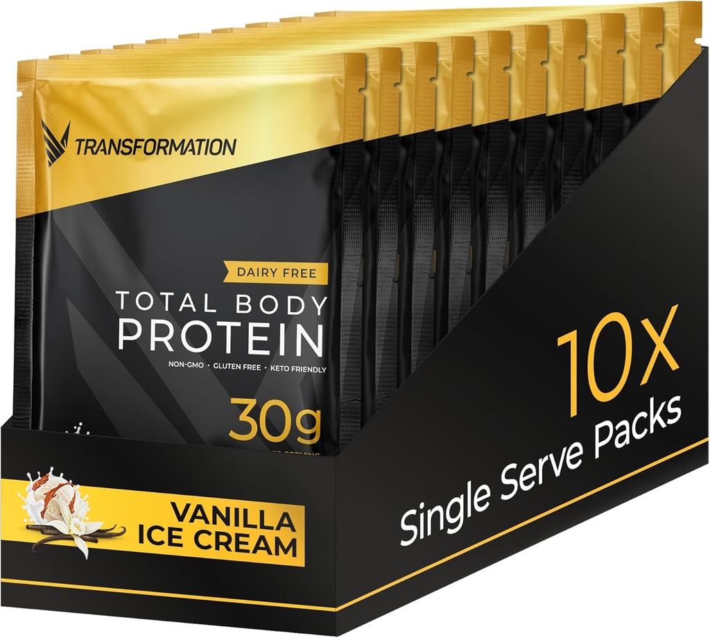 Transformacja Białko Super Blend 124; Białko Jajowe, Kolagen Peptydy i Białko roślinne 124; 15 Miliard Probiotyki CFU 124; Enzymy Digestive 124; Olej MCT 124; Niski shake Carb dla mężczyzn i kobiet 124; Vanilla, 10 Pack