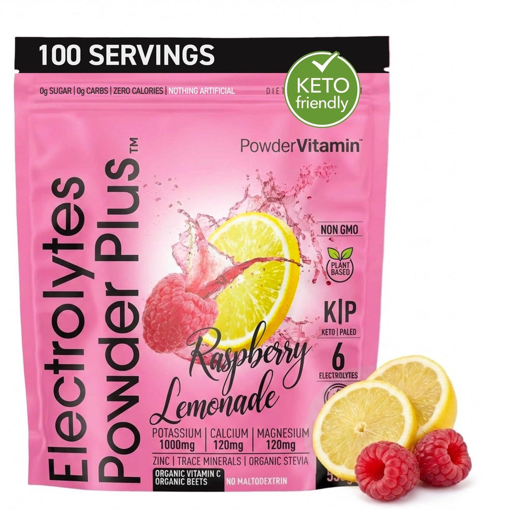 Proszek PowderWitamina Electrolytes Plus (100 Servings) Limonka malinowa Proszek elektrolitowy, Zero Calorie, Keto, Cukier zerowy, Nie Maltodekstryna, 1000mg potasu, 120mg wapnia, 120mg magnezu, Nawodnienie
