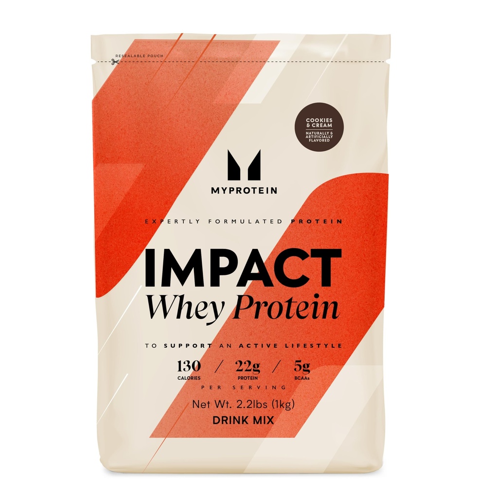 Myprotein Impact Serwatka Białko w proszku, 2,2 Lbs (32 Słupy) Cookies & Cream, 22g Białko & 5g BCAA Na Podawanie, Białko Shake Superior Performance, Siła mięśni i Odzysk, Gluten Free