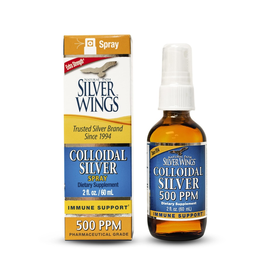 Natural Path Silver Wings Colloidal Silver - Extra Strength Liquid Immotive Support Supplement- - 500ppm (2500mcg) - 2oz Spray