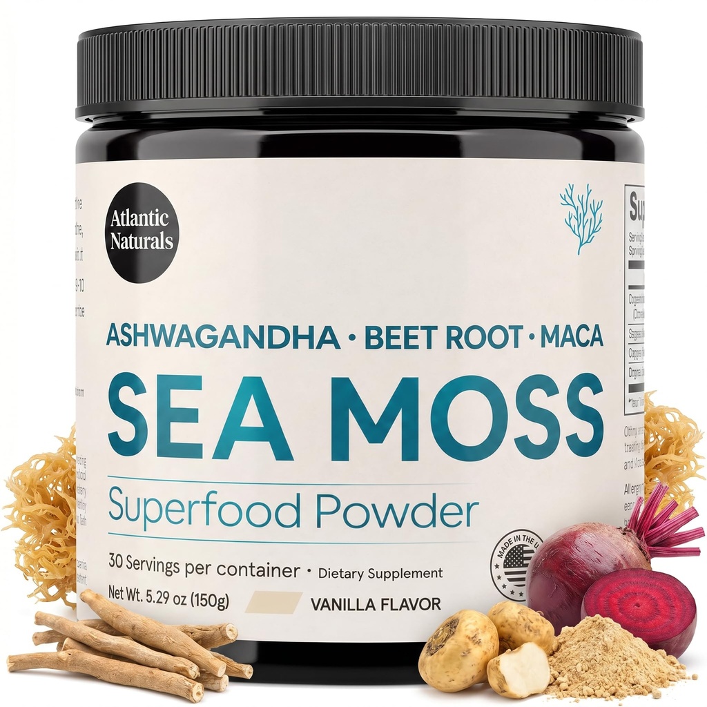 Atlantic Naturals Sea Moss Superfood Powder z Ashwagandha, Burak Root i Maca Root - Sea Moss Powder wspomaga zdrową skórę, wydajność atletyczna i pozytywny nastrój - Vanilla Flavor (150g)