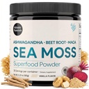 Atlantic Naturals Sea Moss Superfood Powder z Ashwagandha, Burak Root i Maca Root - Sea Moss Powder wspomaga zdrową skórę, wydajność atletyczna i pozytywny nastrój - Vanilla Flavor (150g)