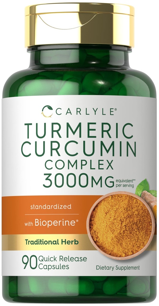 Carlyle Turmeric Curcumin with Black Pepper 3000mg three 124; 90 Powder Capsules three 124; Complex Supplement with Bioperine three 124; Non- GMO, Gluten Free