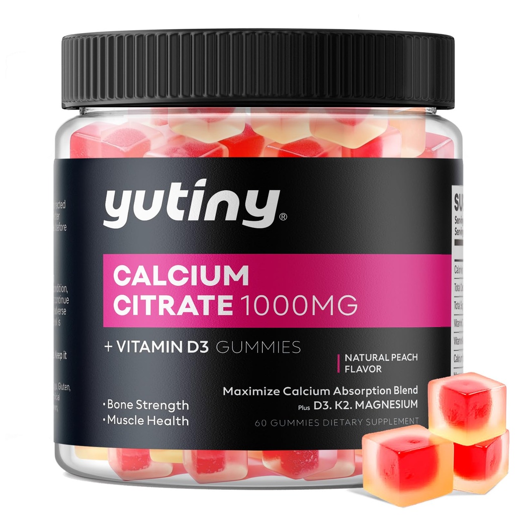 Cytrynian wapnia Napełniony Gummies, Dodatkowa absorpcja Cytrynian wapnia 1000mg z witaminą D3, K2 & Magnezu, Suplement do żucia dla kości, Zdrowie mięśni, 60